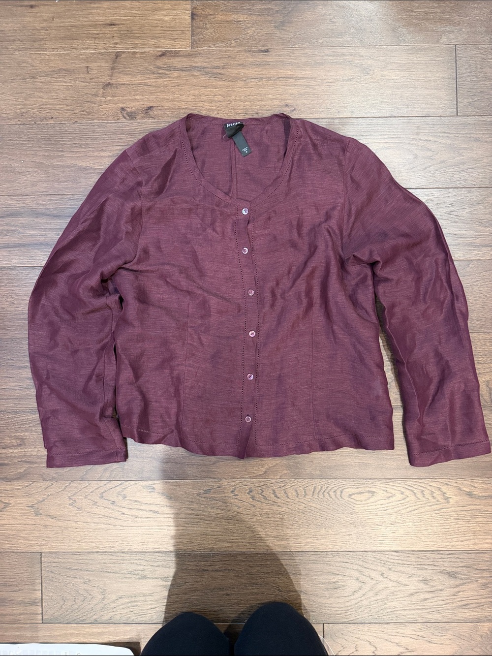 Eileen Fisher Button-Front Long Sleeve Top - Burgundy Silk/Linen Medium - C76-A